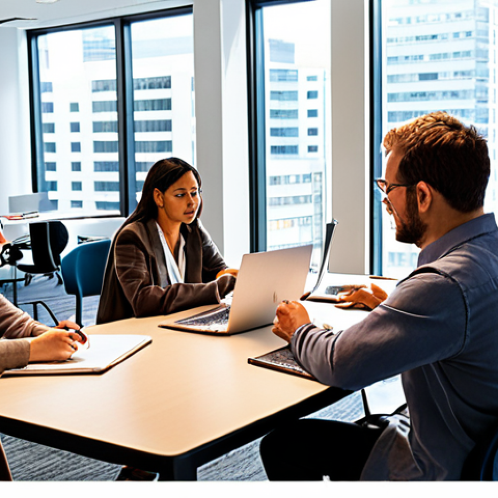 **

A diverse group of professionals collaborating around a table covered with laptops and notebooks. Some are sketching on a whiteboard, others are engaged in lively discussions. The atmosphere is bright and modern, with large windows overlooking a bustling cityscape. The overall feel is collaborative, innovative, and forward-thinking, representing continuous learning and adaptability in the modern workplace. Focus on representing different ages, ethnicities, and professional backgrounds.

**