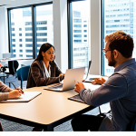 **

A diverse group of professionals collaborating around a table covered with laptops and notebooks. Some are sketching on a whiteboard, others are engaged in lively discussions. The atmosphere is bright and modern, with large windows overlooking a bustling cityscape. The overall feel is collaborative, innovative, and forward-thinking, representing continuous learning and adaptability in the modern workplace. Focus on representing different ages, ethnicities, and professional backgrounds.

**