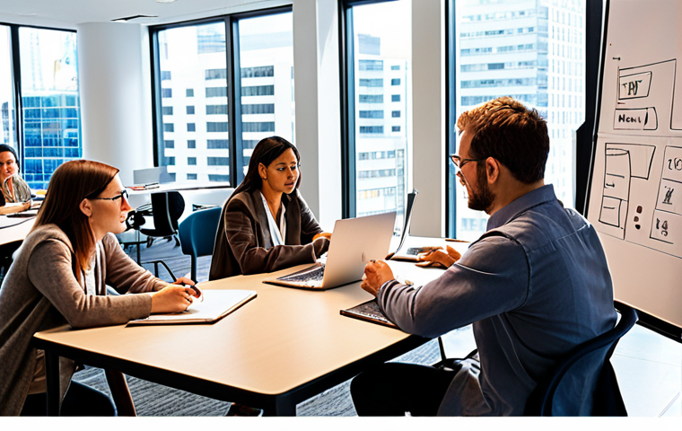 **
A diverse group of professionals collaborating around a table covered with laptops and notebooks. Some are sketching on a whiteboard, others are engaged in lively discussions. The atmosphere is bright and modern, with large windows overlooking a bustling cityscape. The overall feel is collaborative, innovative, and forward-thinking, representing continuous learning and adaptability in the modern workplace. Focus on representing different ages, ethnicities, and professional backgrounds.
**