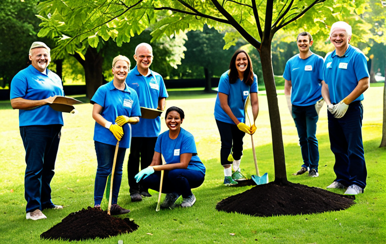 **

"A diverse group of volunteers, fully clothed in appropriate attire, planting trees in a park. Sunlight, happy expressions, safe for work, family-friendly, environmental awareness, perfect anatomy, natural proportions, high resolution, professional photography."

**