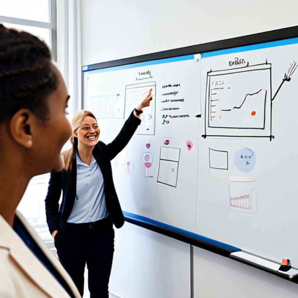 Interdisciplinary Collaboration**

A diverse group of professionals in a bright, modern co-working space, collaborating on a digital whiteboard filled with charts and diagrams. One woman points to the whiteboard, explaining her ideas. Everyone is smiling and engaged. Fully clothed, appropriate attire, professional environment, safe for work, perfect anatomy, natural proportions, family-friendly.

**