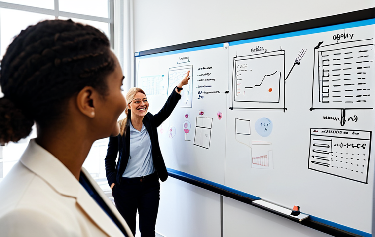 Interdisciplinary Collaboration**

A diverse group of professionals in a bright, modern co-working space, collaborating on a digital whiteboard filled with charts and diagrams. One woman points to the whiteboard, explaining her ideas. Everyone is smiling and engaged. Fully clothed, appropriate attire, professional environment, safe for work, perfect anatomy, natural proportions, family-friendly.

**