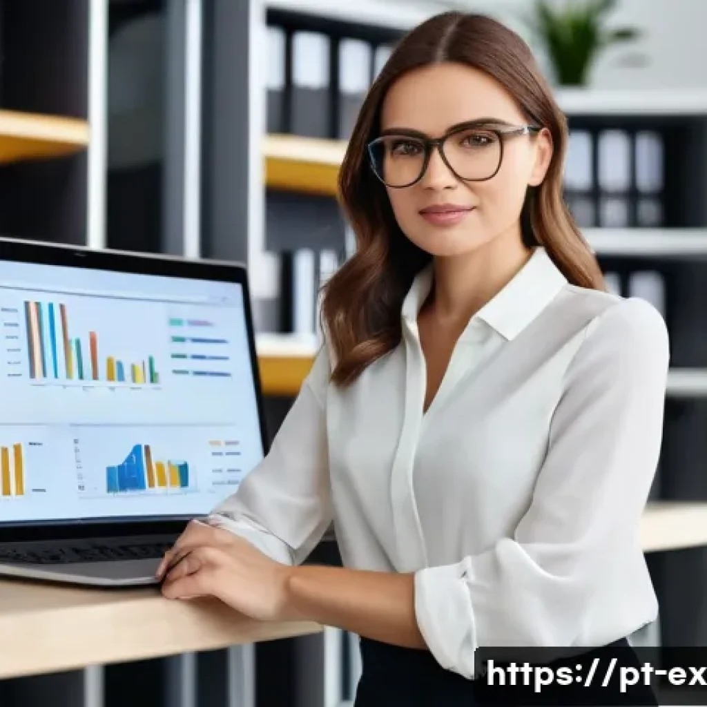 T자형 전문성과 경력 발전 - A confident professional woman in a modern office setting, deeply focused on a laptop screen display...