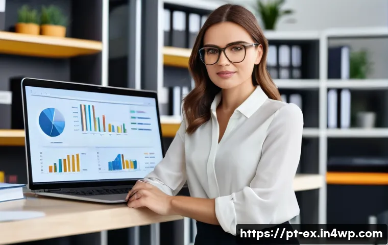 T자형 전문성과 경력 발전 - A confident professional woman in a modern office setting, deeply focused on a laptop screen display...