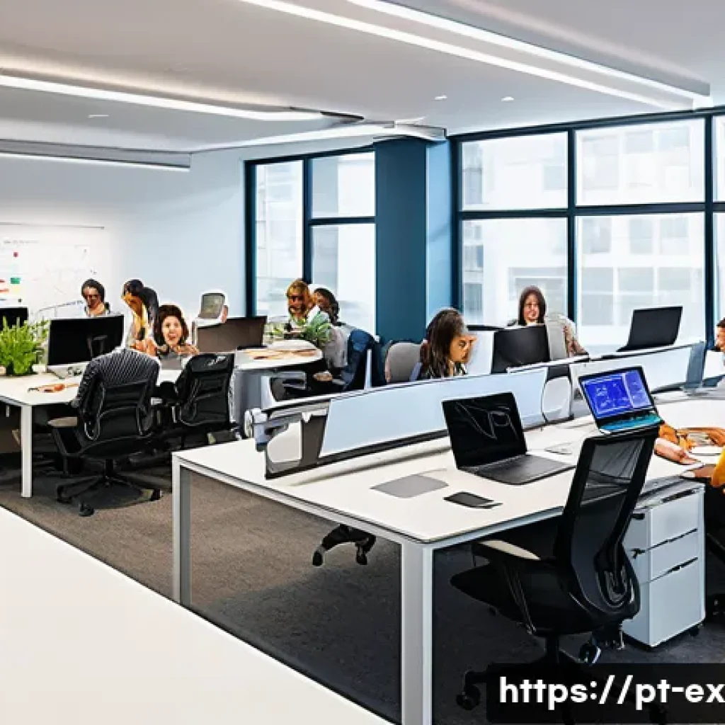 T자형 전문성 개발을 위한 실습 센터 활용 - A modern collaborative workspace filled with diverse professionals from various fields actively enga...