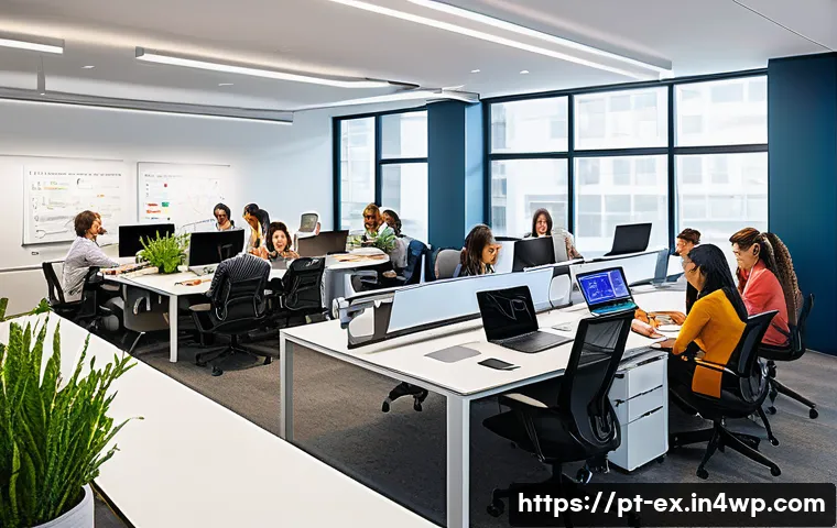 T자형 전문성 개발을 위한 실습 센터 활용 - A modern collaborative workspace filled with diverse professionals from various fields actively enga...