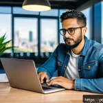 T자형 전문성 개발의 필요성 - A professional Brazilian man in his early 30s working confidently at a modern coworking space in São...