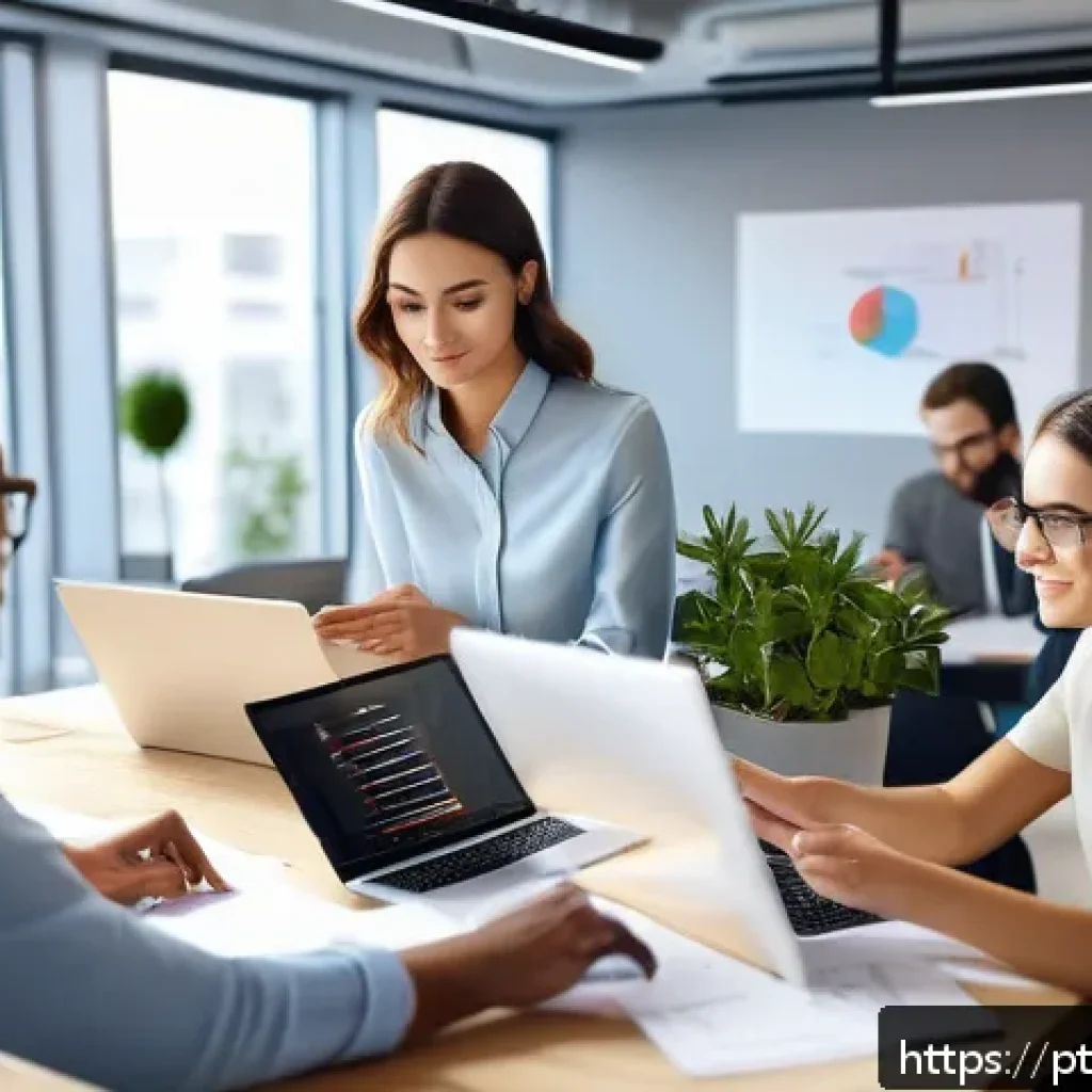 T자형 전문성 향상을 위한 자기 주도 학습 - A professional workspace scene showing a diverse group of adults collaborating on a digital marketin...