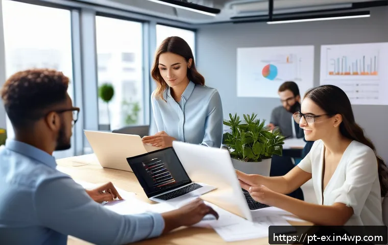 T자형 전문성 향상을 위한 자기 주도 학습 - A professional workspace scene showing a diverse group of adults collaborating on a digital marketin...